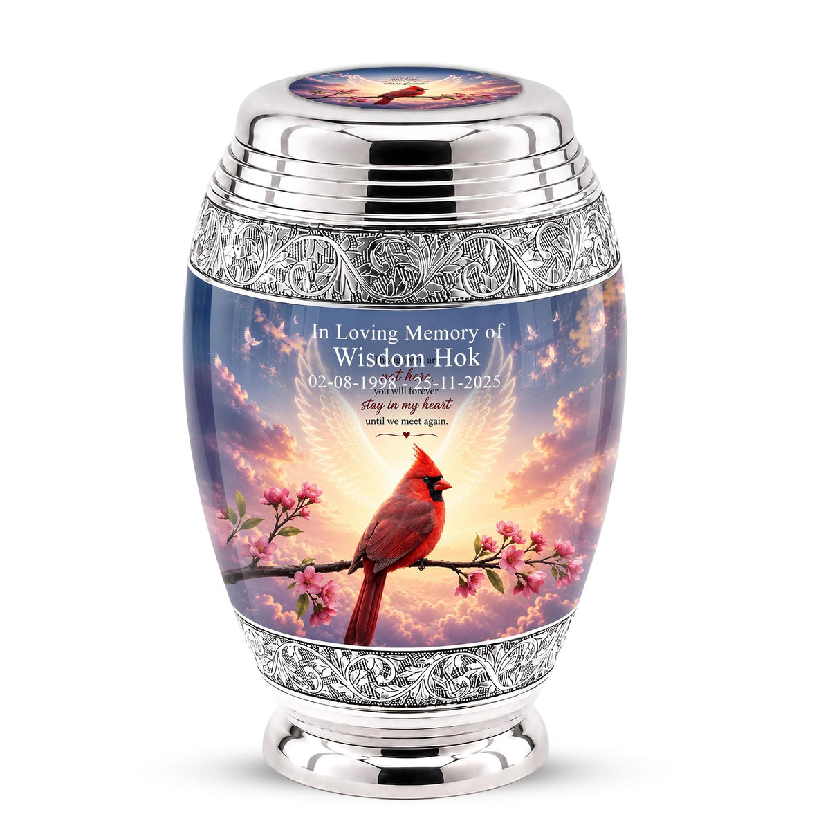 Personalized Cardinal Cremation Urn, Angel Wings - Pink Blossoms, Silver Tone (Custom Engraving)