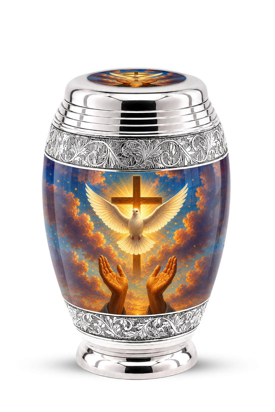 Personalized Christian Cremation Urn, Dove & Cross Memorial Ashes (Silver Tone)