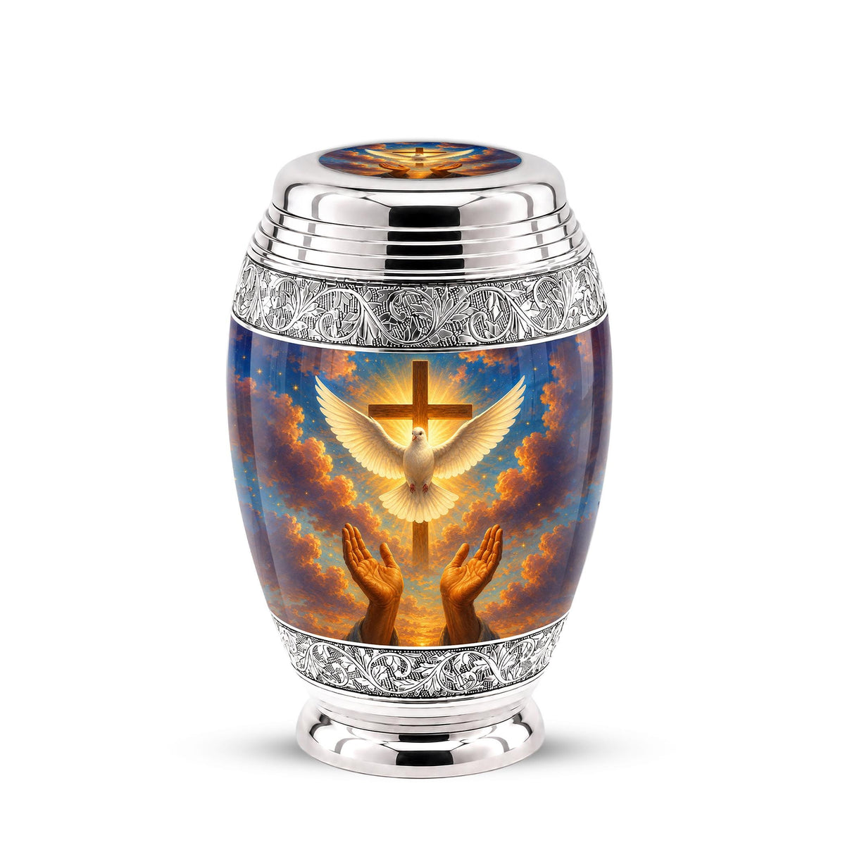 Personalized Christian Cremation Urn, Dove & Cross Memorial Ashes (Silver Tone)