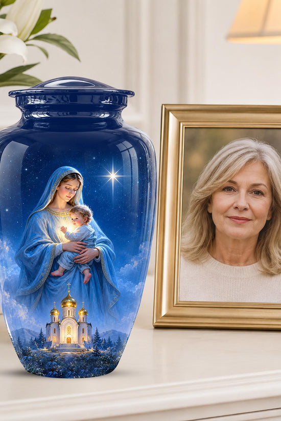 Personalized Mother Mary Cremation Urn, Catholic Memorial Keepsake (Custom Photo)