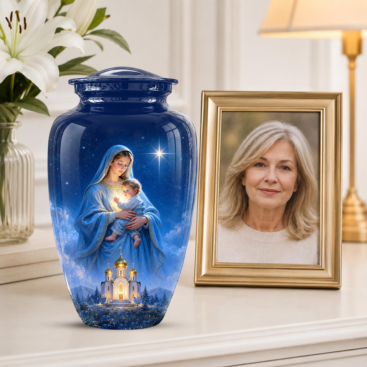 Personalized Mother Mary Cremation Urn, Catholic Memorial Keepsake (Custom Photo)