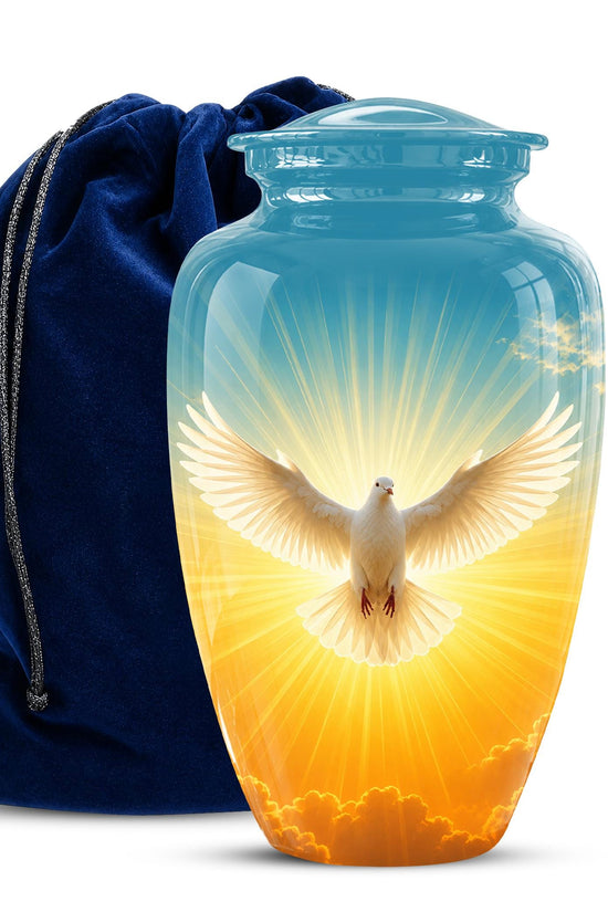 Personalized White Dove Cremation Urn for Ashes - Golden Sunset Dove Memorial Urn, Heavenly Light