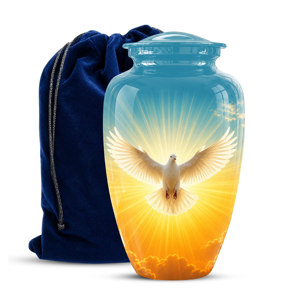 Personalized White Dove Cremation Urn for Ashes - Golden Sunset Dove Memorial Urn, Heavenly Light