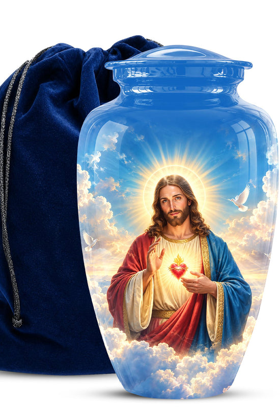 Personalized Sacred Heart of Jesus Cremation Urn for Ashes, Christian Memorial Urn - Catholic Jesus Christ Tribute Urn, Blue Religious Urn