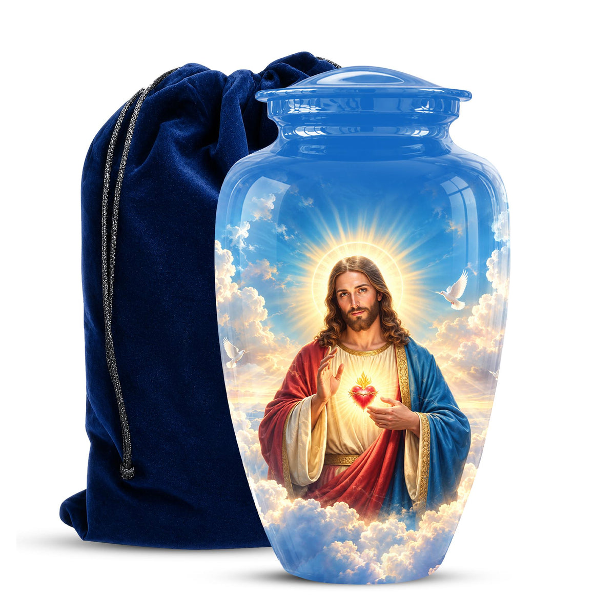 Personalized Sacred Heart of Jesus Cremation Urn for Ashes, Christian Memorial Urn - Catholic Jesus Christ Tribute Urn, Blue Religious Urn