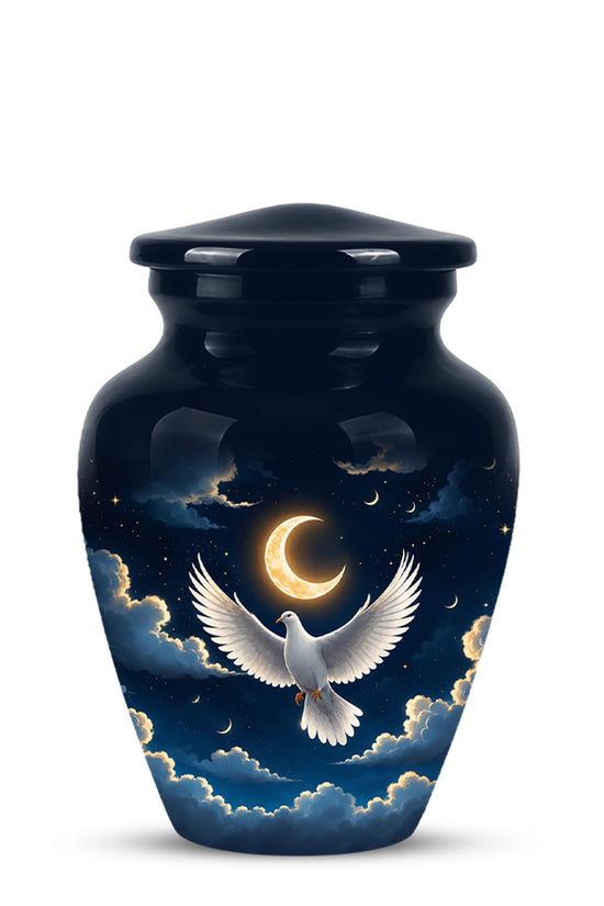 Personalized White Dove Cremation Urn for Ashes - Crescent Moon Memorial Urn, Heavenly Dove
