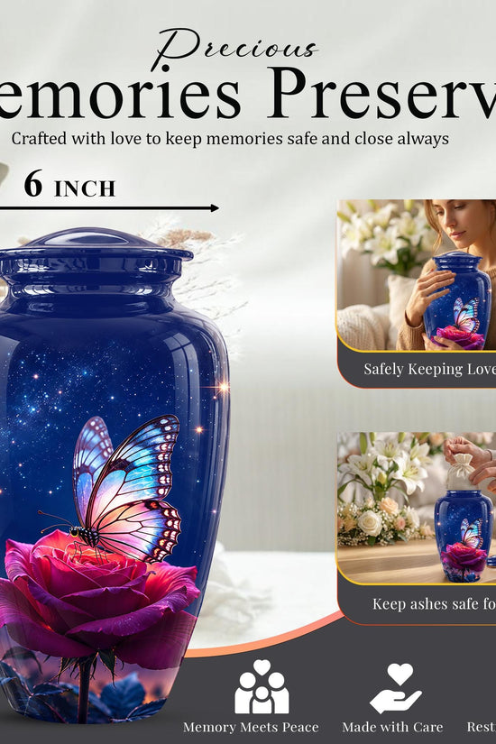 Butterfly and Rose Cremation Urn for Ashes - Pink Floral Memorial Urn