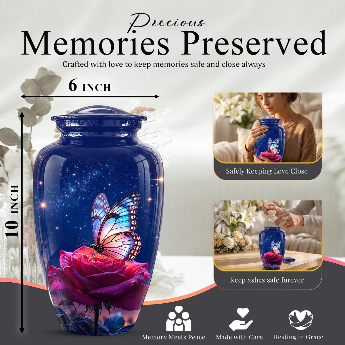 Butterfly and Rose Cremation Urn for Ashes - Pink Floral Memorial Urn