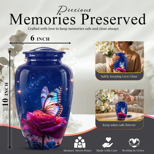 Butterfly and Rose Cremation Urn for Ashes - Pink Floral Memorial Urn