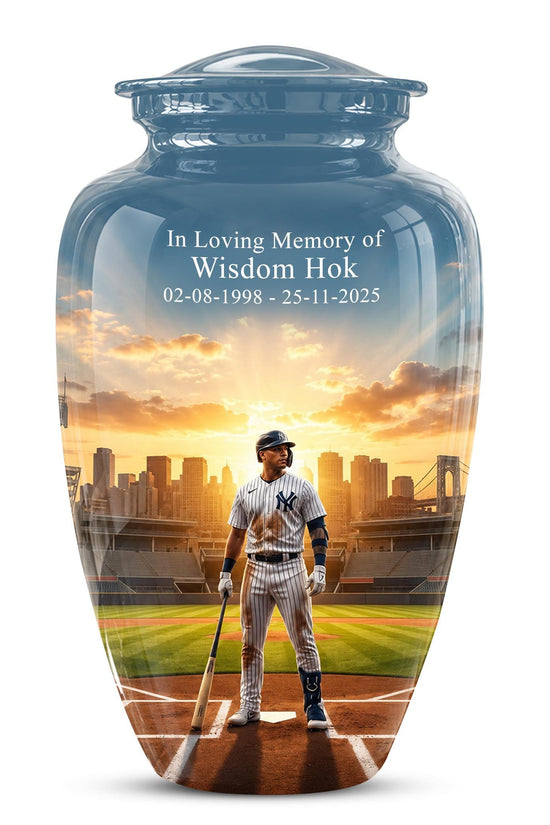 Baseball Player Cremation Urn for Ashes - City Skyline Sunset Memorial Urn