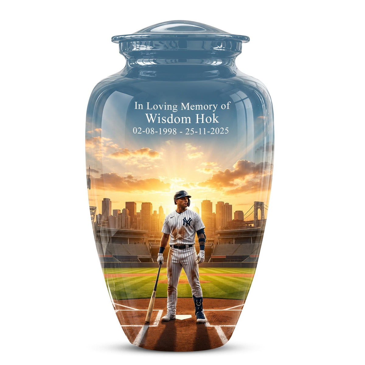 Baseball Player Cremation Urn for Ashes - City Skyline Sunset Memorial Urn