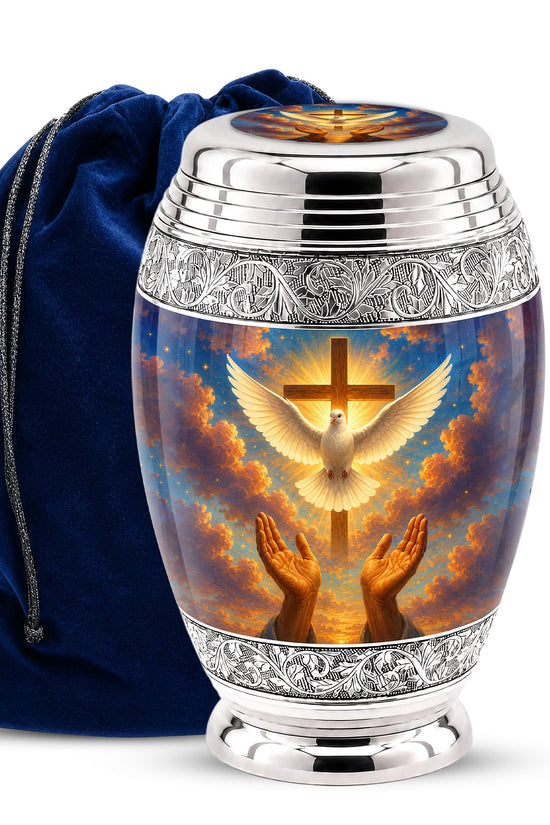 Personalized Christian Cremation Urn, Dove & Cross Memorial Ashes (Silver Tone)