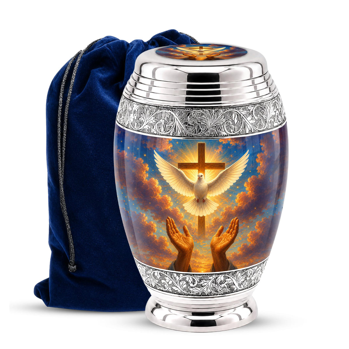 Personalized Christian Cremation Urn, Dove & Cross Memorial Ashes (Silver Tone)