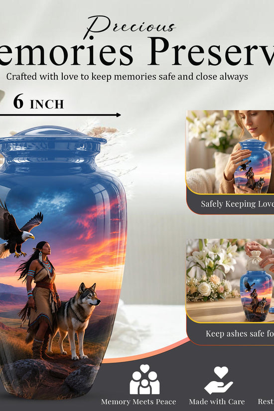 Personalized Native American Cremation Urn for Ashes - Eagle & Wolf Memorial Urn, Custom Human Ashes Urn, Spiritual Funeral Urn