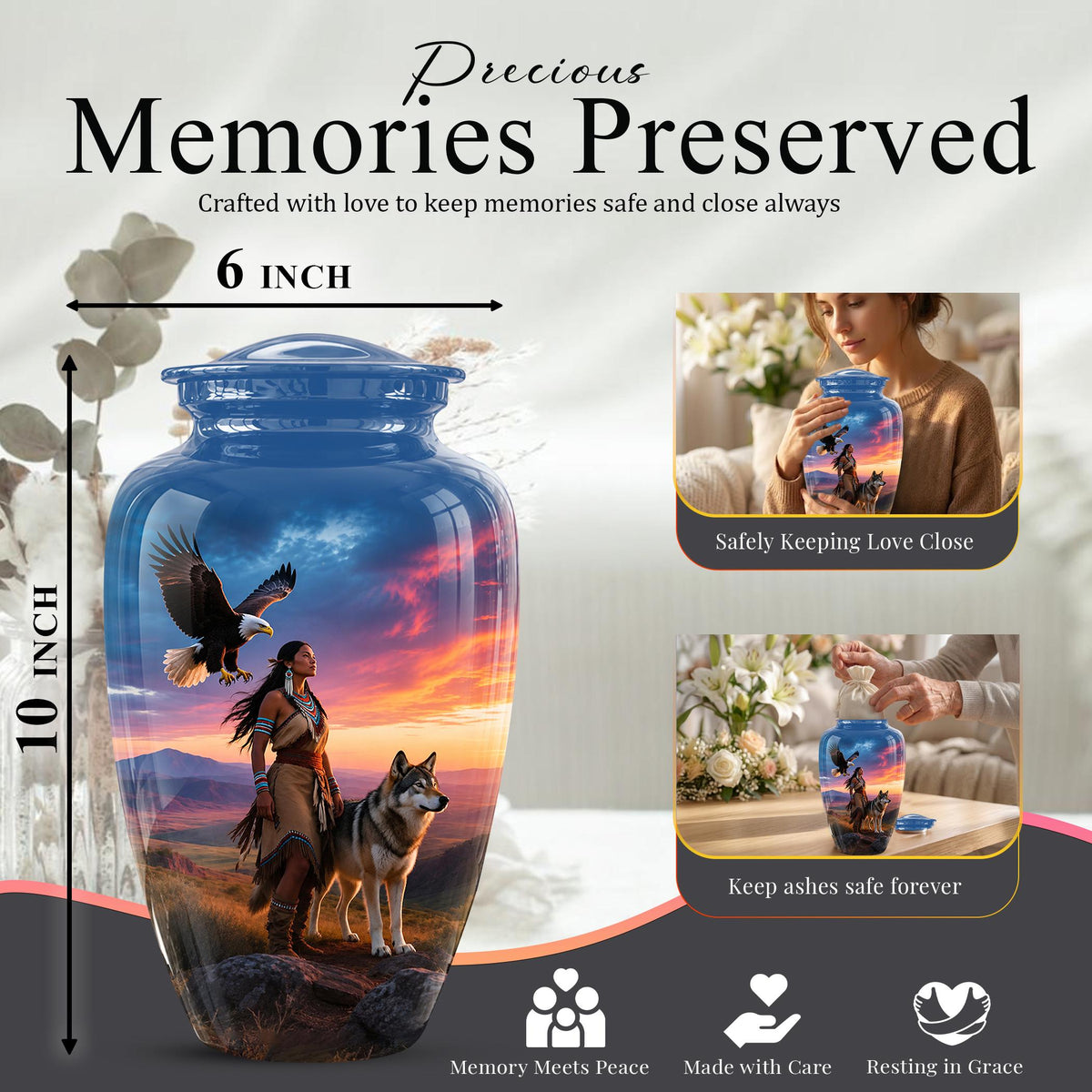 Personalized Native American Cremation Urn for Ashes - Eagle & Wolf Memorial Urn, Custom Human Ashes Urn, Spiritual Funeral Urn