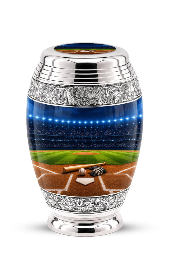 Baseball Cremation Urn for Ashes - Silver Baseball Glove and Bat Memorial Urn