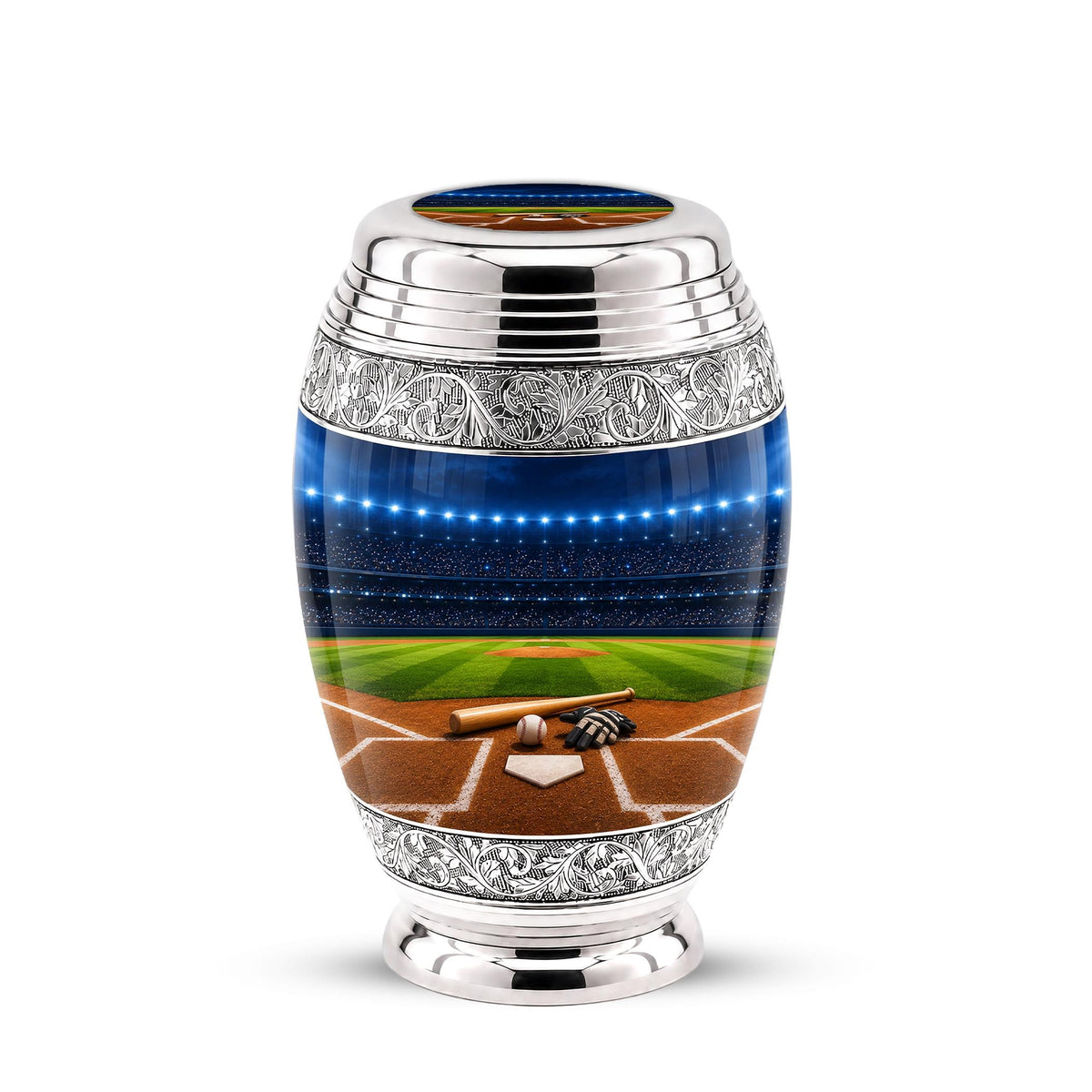 Baseball Cremation Urn for Ashes - Silver Baseball Glove and Bat Memorial Urn