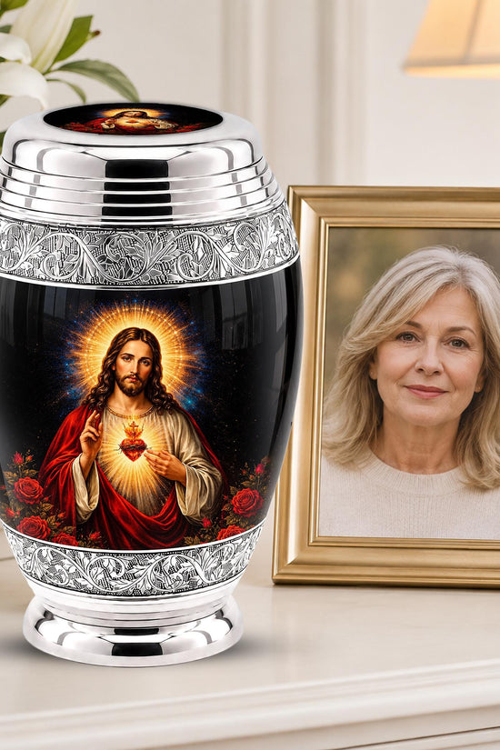 Personalized Sacred Heart of Jesus Cremation Urn - Catholic Memorial Keepsake (Black Finish)