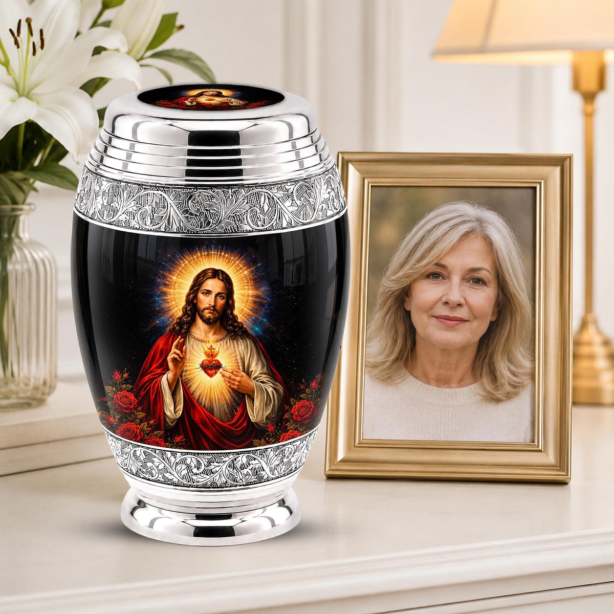 Personalized Sacred Heart of Jesus Cremation Urn - Catholic Memorial Keepsake (Black Finish)