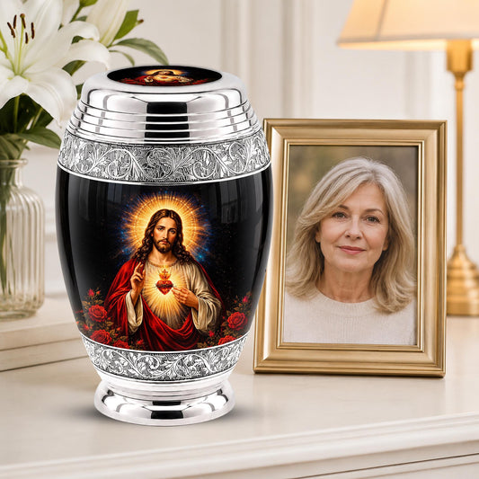 Personalized Sacred Heart of Jesus Cremation Urn - Catholic Memorial Keepsake (Black Finish)
