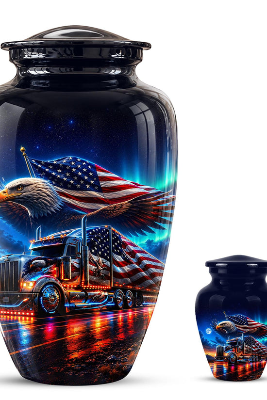 American Flag Truck Cremation Urn for Ashes - Bald Eagle and Semi Truck Memorial Urn