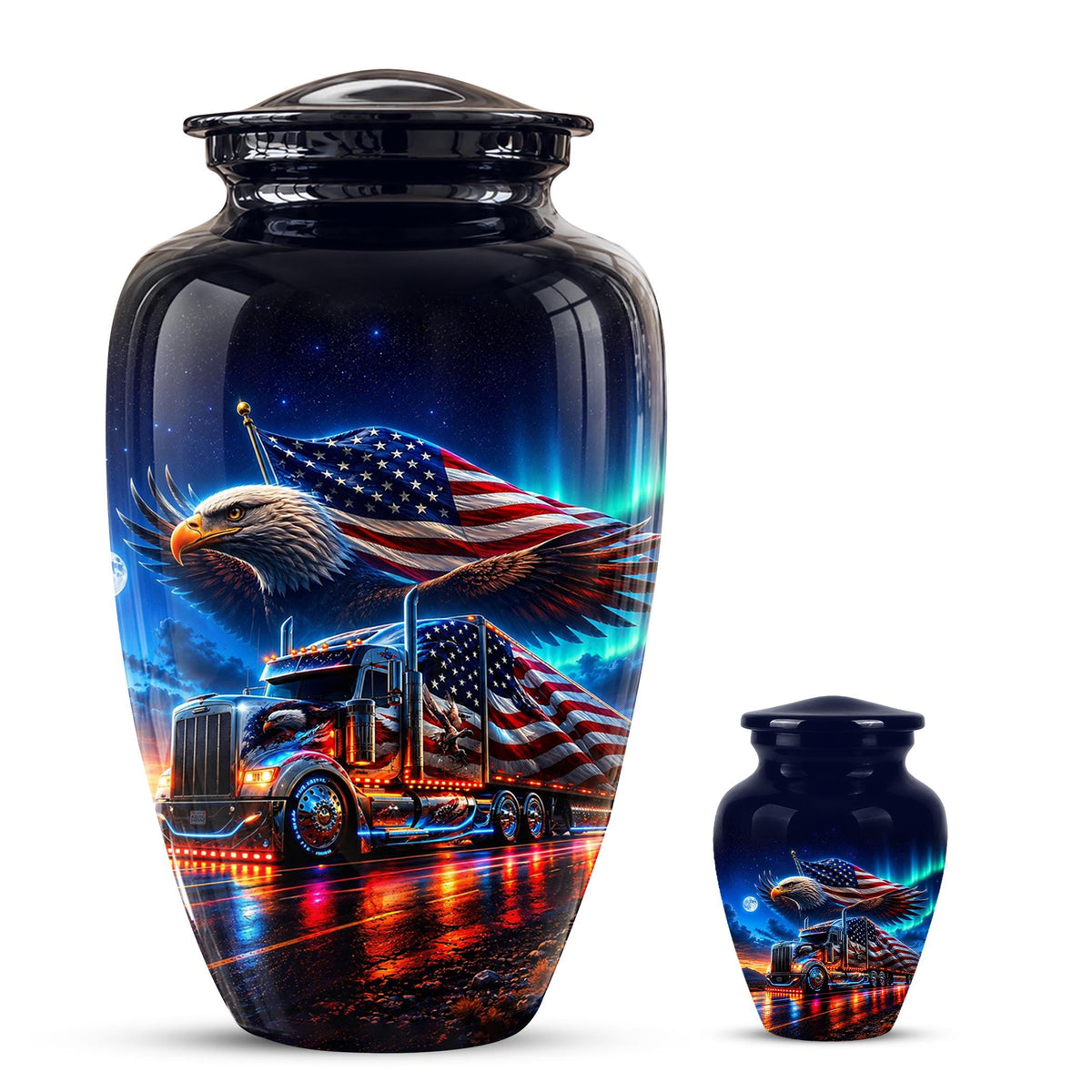American Flag Truck Cremation Urn for Ashes - Bald Eagle and Semi Truck Memorial Urn