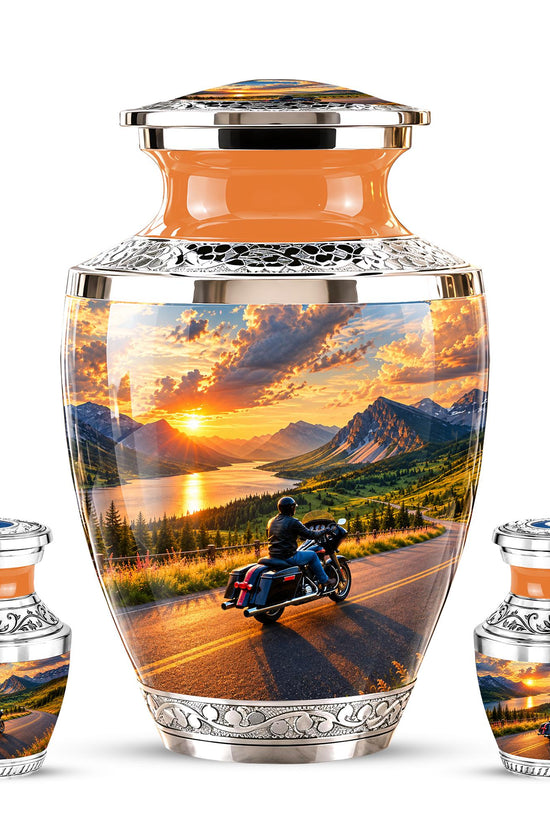 Personalized Motorcycle Cremation Urn, Mountain Road Sunset Rider Memorial