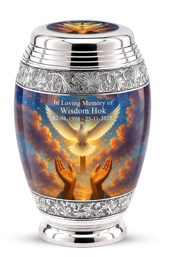 Personalized Christian Cremation Urn, Dove & Cross Memorial Ashes (Silver Tone)