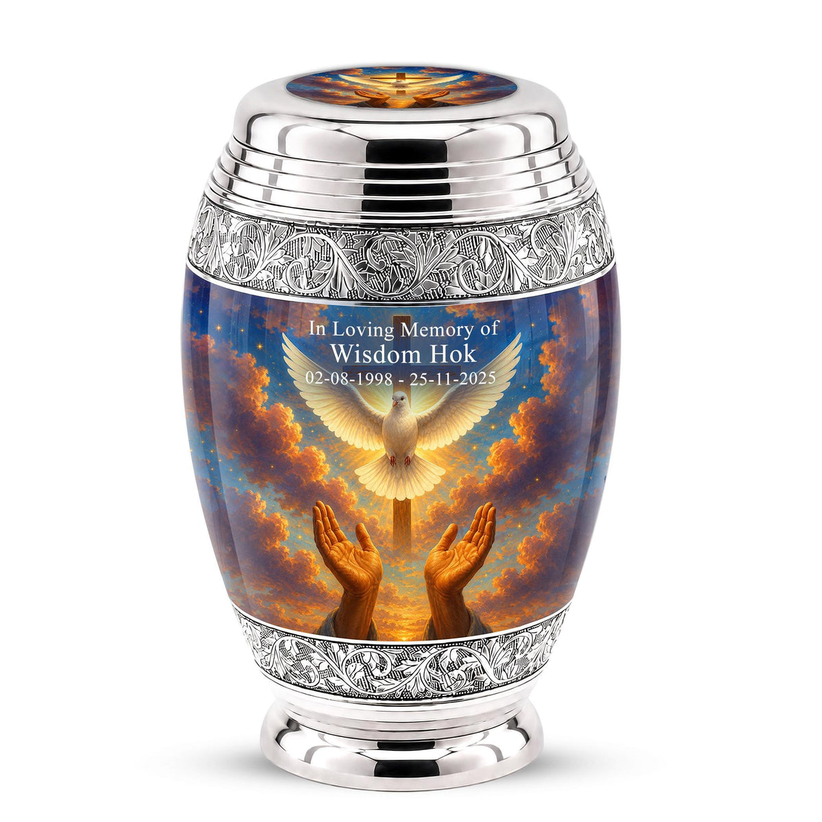 Personalized Christian Cremation Urn, Dove & Cross Memorial Ashes (Silver Tone)