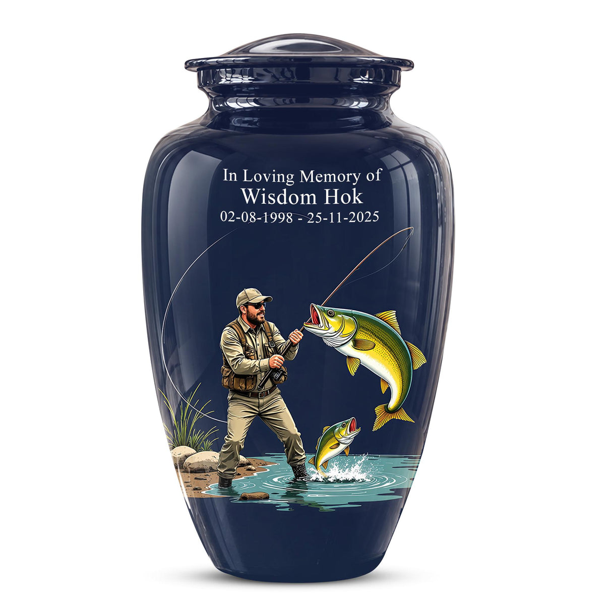 Personalized Fishing Cremation Urn for Ashes - Fisherman Memorial Urn, Fishing Tribute Urn