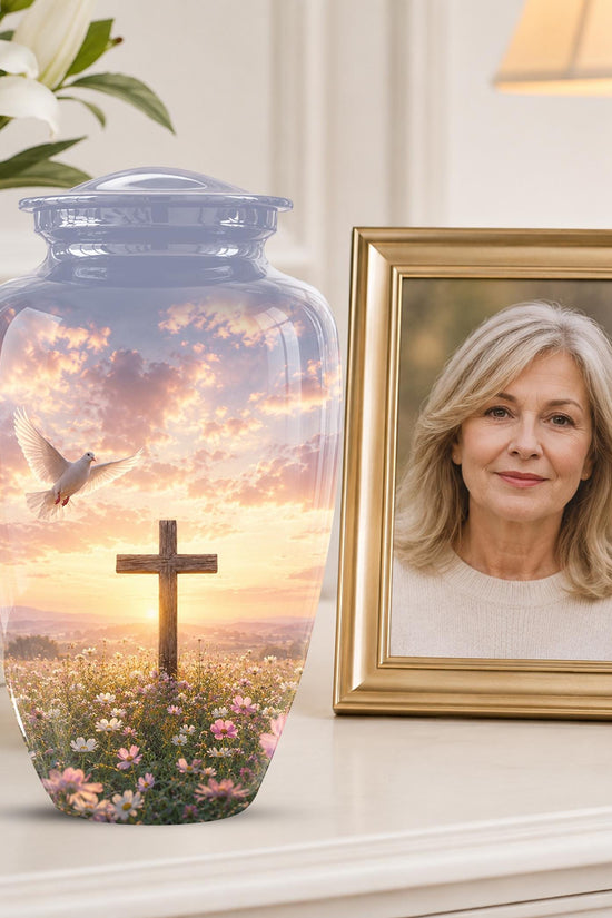 Personalized Christian Cross Urn | Dove, Sunrise, Wildflowers Memorial Keepsake