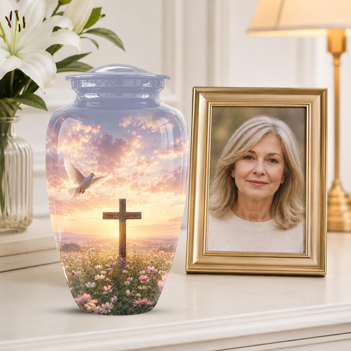 Personalized Christian Cross Urn | Dove, Sunrise, Wildflowers Memorial Keepsake