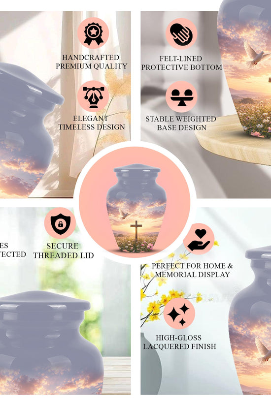 Personalized Christian Cross Urn | Dove, Sunrise, Wildflowers Memorial Keepsake
