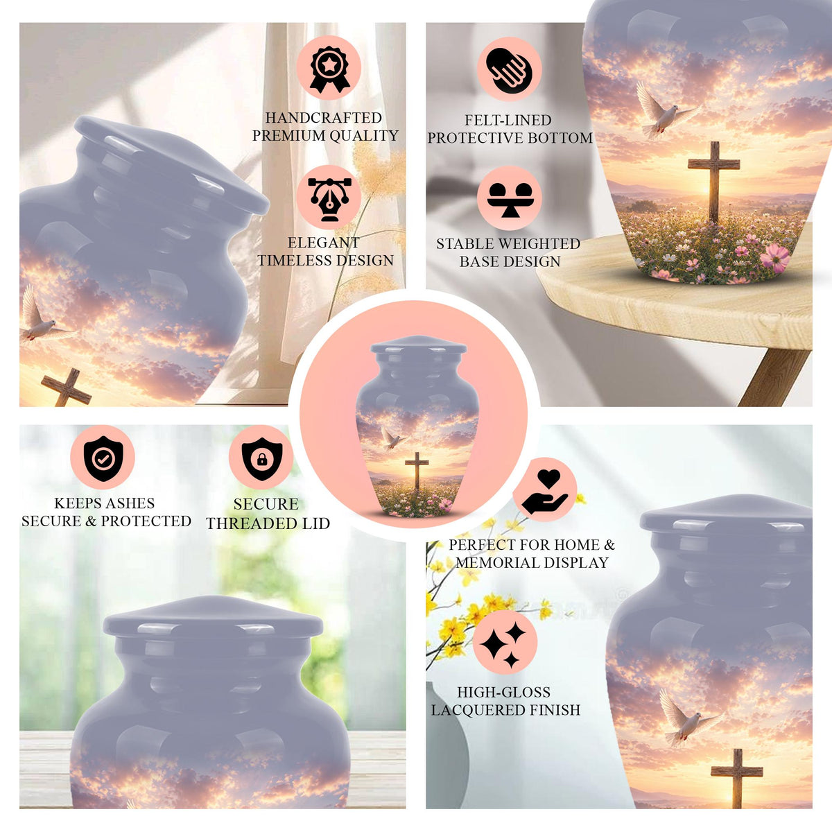 Personalized Christian Cross Urn | Dove, Sunrise, Wildflowers Memorial Keepsake