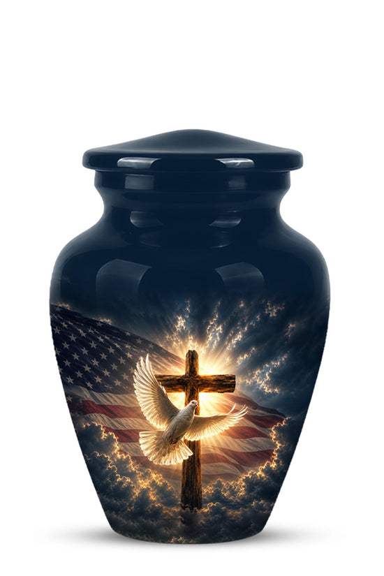 Christian Cremation Urn, American Flag - Cross Dove Memorial, Religious Keepsake