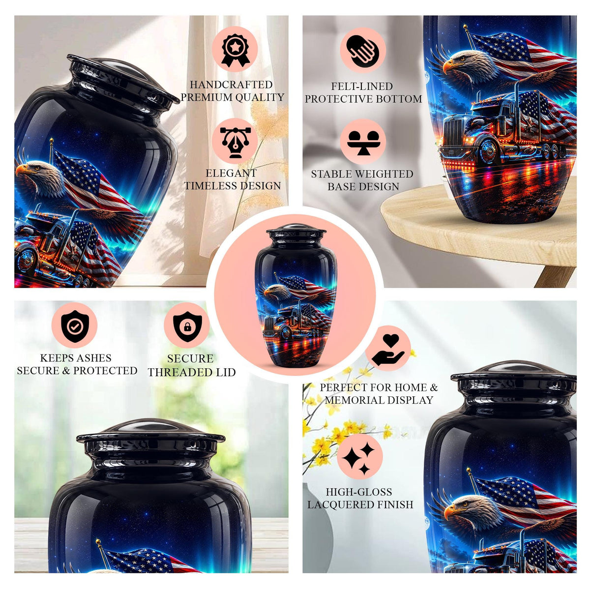 American Flag Truck Cremation Urn for Ashes - Bald Eagle and Semi Truck Memorial Urn