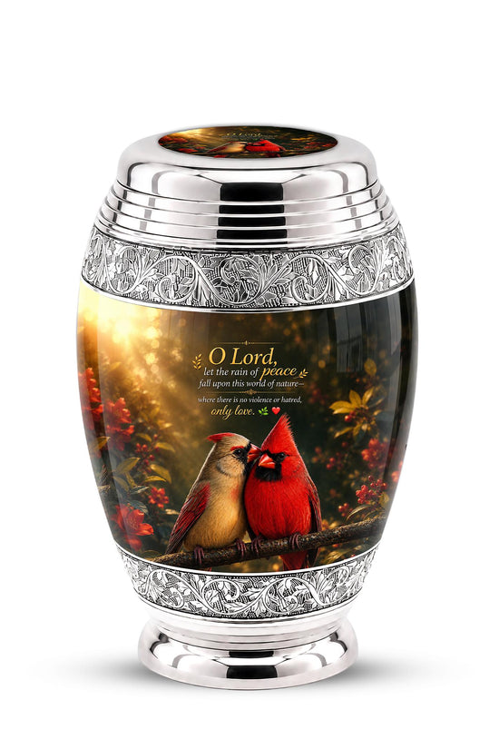 Personalized Cardinal Cremation Urn, Silver-Tone Memorial Ashes Urn, Floral Nature Scene
