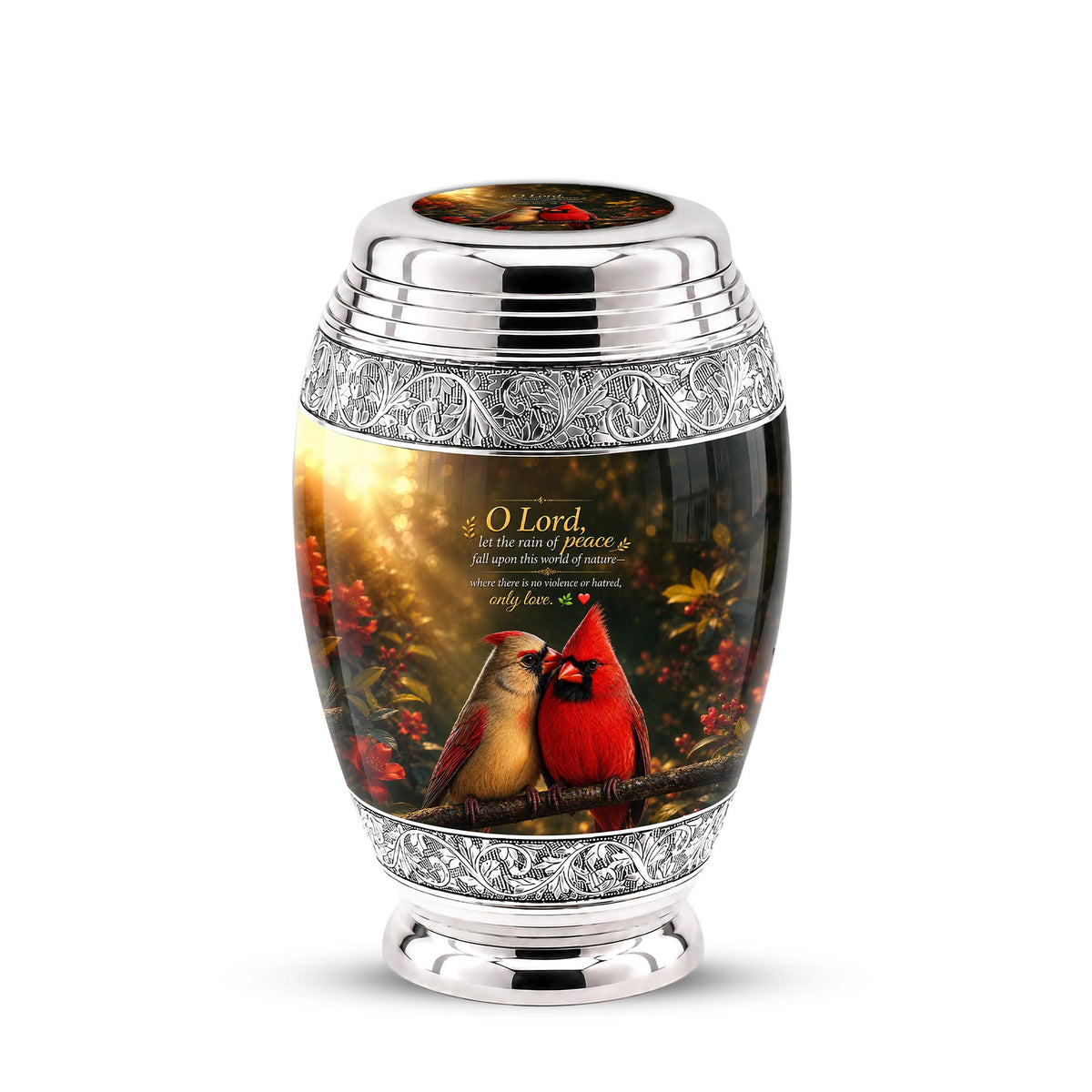 Personalized Cardinal Cremation Urn, Silver-Tone Memorial Ashes Urn, Floral Nature Scene