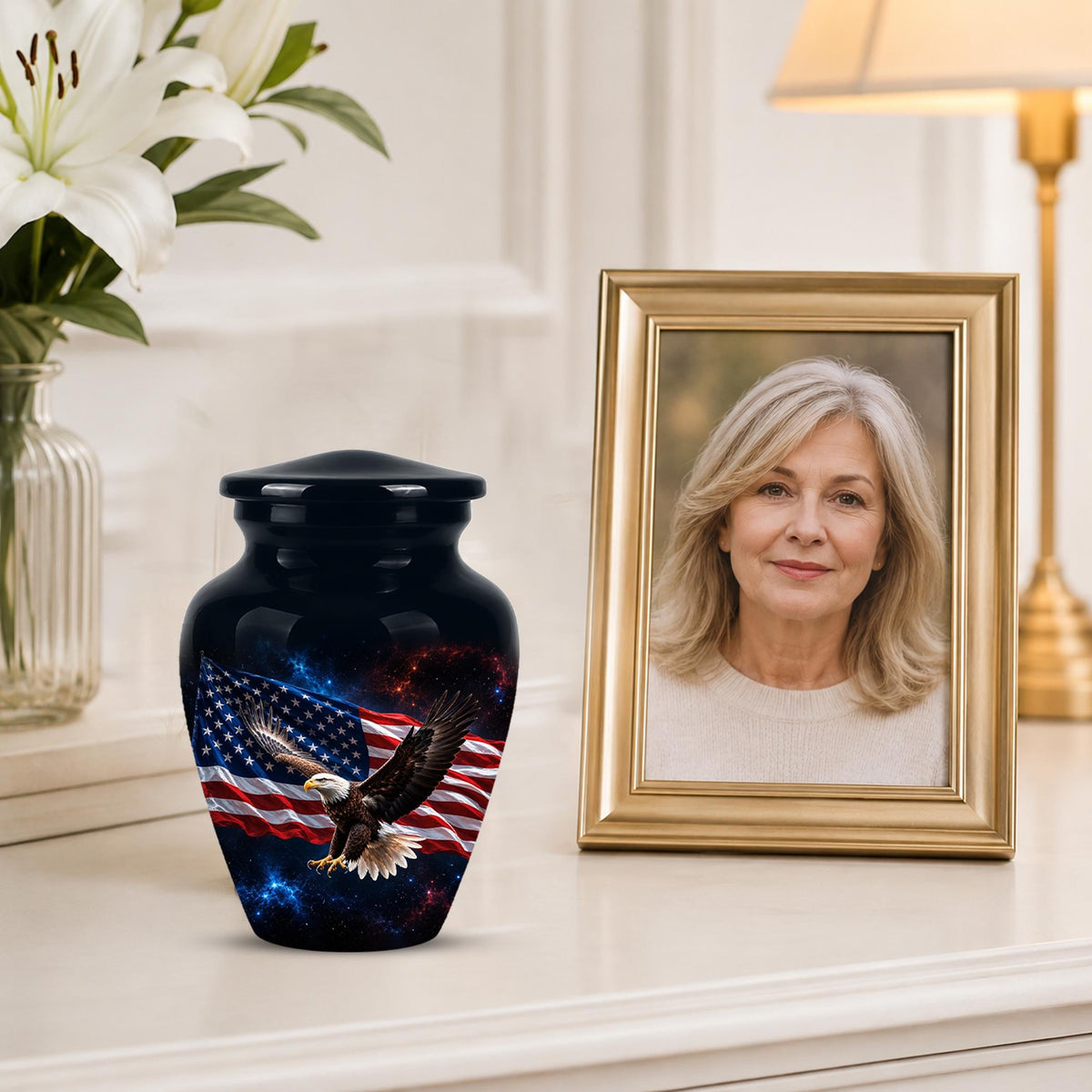 American Flag Eagle Cremation Urn for Ashes - Patriotic Bald Eagle Memorial Urn