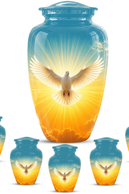 Personalized White Dove Cremation Urn for Ashes - Golden Sunset Dove Memorial Urn, Heavenly Light