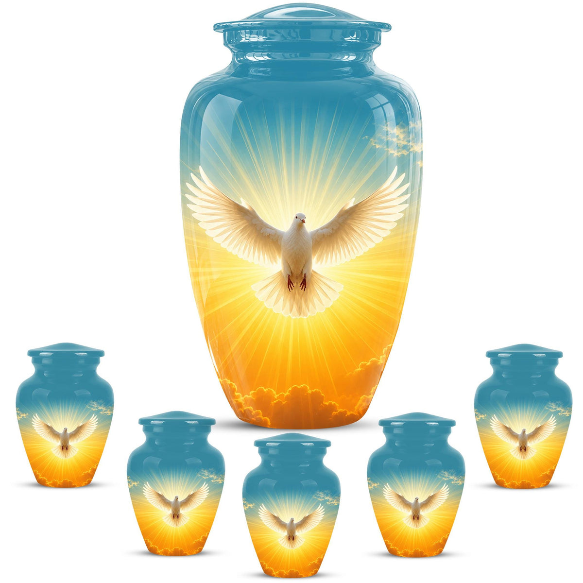 Personalized White Dove Cremation Urn for Ashes - Golden Sunset Dove Memorial Urn, Heavenly Light