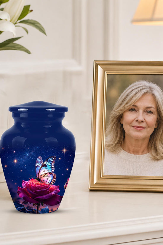 Butterfly and Rose Cremation Urn for Ashes - Pink Floral Memorial Urn