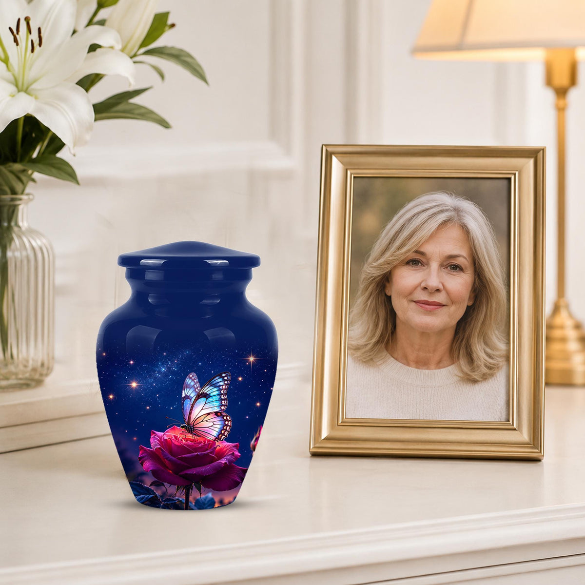 Butterfly and Rose Cremation Urn for Ashes - Pink Floral Memorial Urn