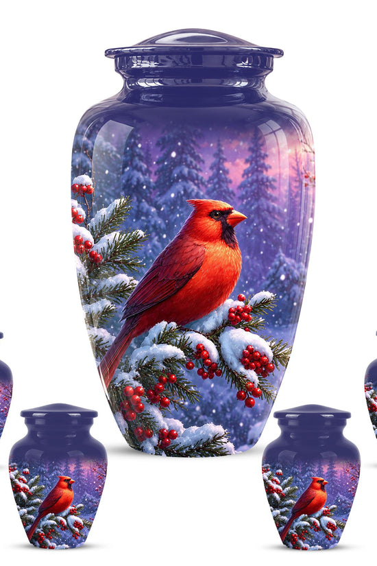 Cardinal Winter Memorial Urn, Red Bird Ashes Keepsake (200 Cubic)