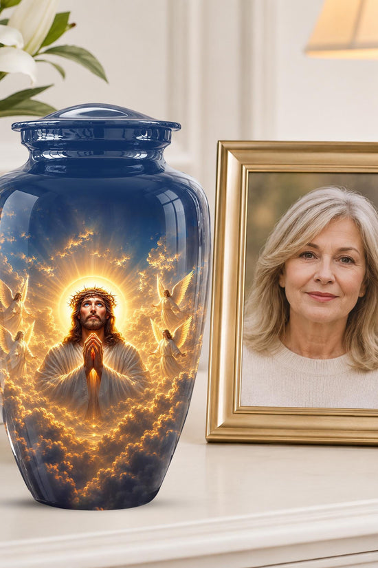 Personalized Jesus Cremation Urn for Ashes, Jesus Christ Prayer Memorial Urn, Golden Halo Christian Tribute, Heavenly Religious Urn (200 Cubic)