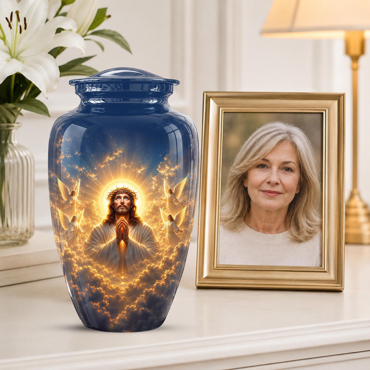 Personalized Jesus Cremation Urn for Ashes, Jesus Christ Prayer Memorial Urn, Golden Halo Christian Tribute, Heavenly Religious Urn (200 Cubic)