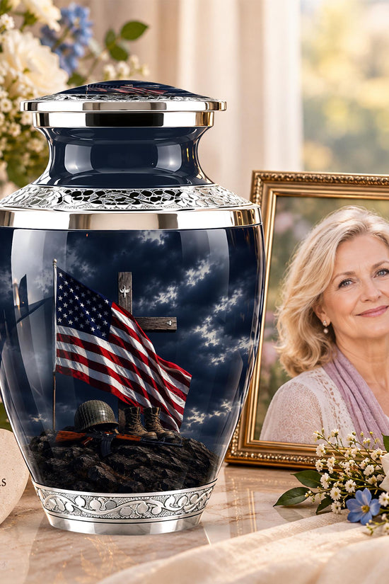 Military Cremation Urn, Patriotic Veteran Memorial Ashes, American Flag Tribute