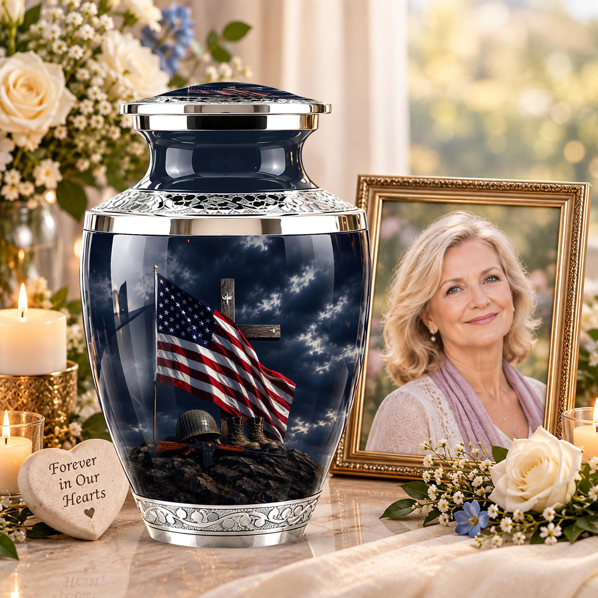 Military Cremation Urn, Patriotic Veteran Memorial Ashes, American Flag Tribute
