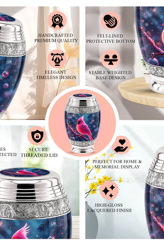 Personalized Pink Cardinal Cremation Urn, Silver-Tone Memorial Ashes Urn (Winter Scene)
