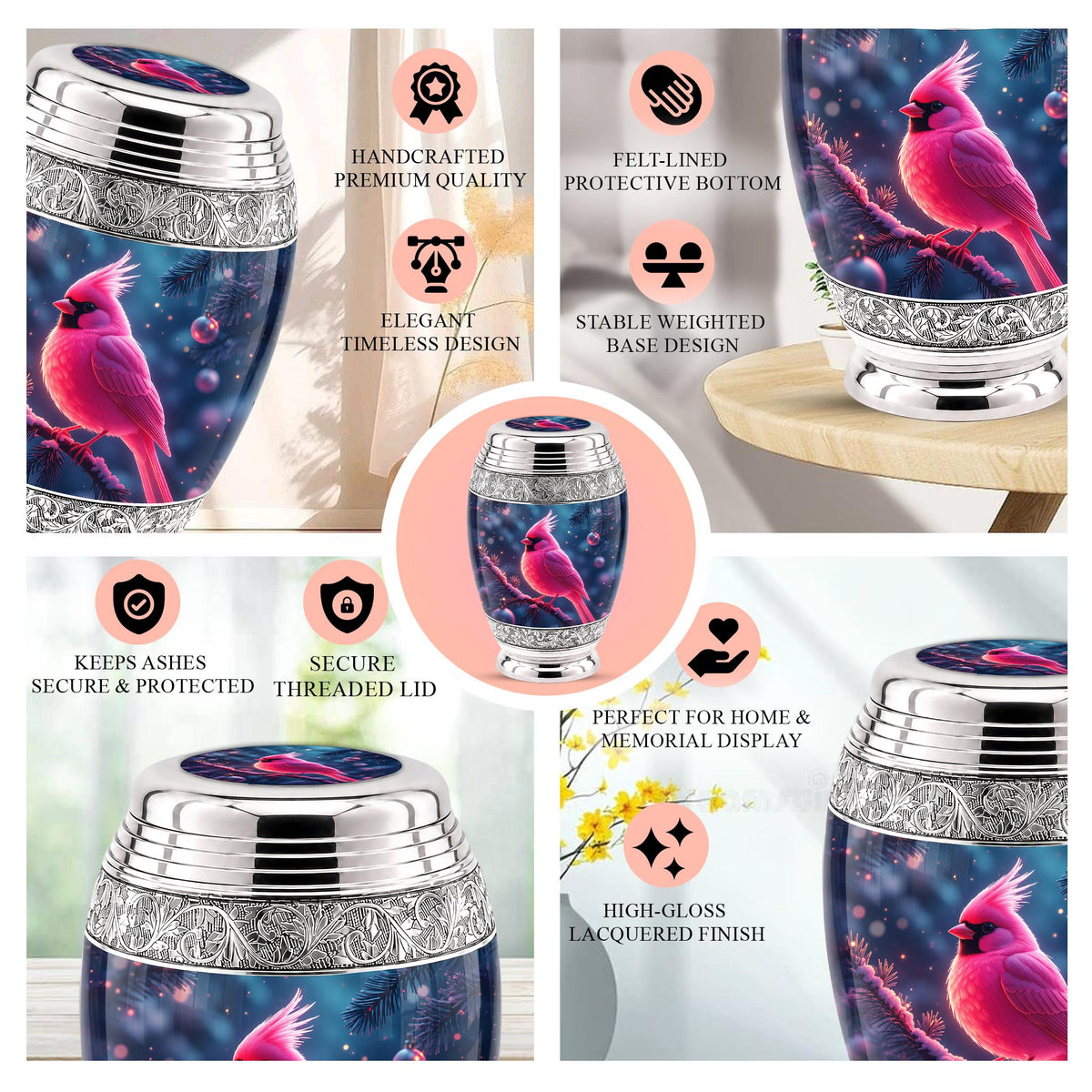 Personalized Pink Cardinal Cremation Urn, Silver-Tone Memorial Ashes Urn (Winter Scene)